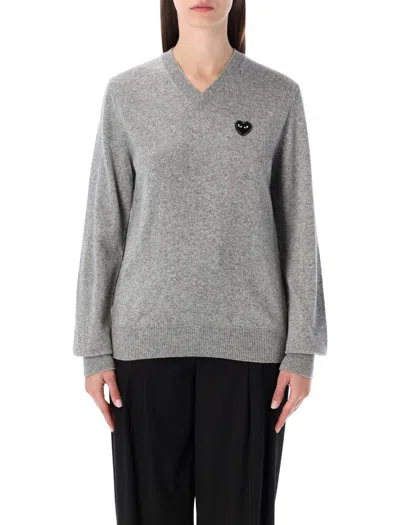 COMME DES GARÇONS PLAY COMME DES GARÇONS PLAY WOOL V-NECK SWEATER WITH BLACK HEART AND CRYSTALS