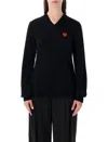 Comme Des Garçons Play Wool V-neck Sweater With Red Heart And Crystals In Black