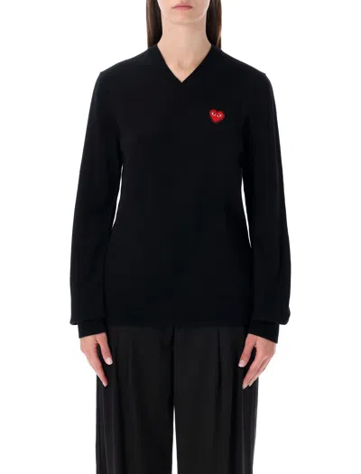 COMME DES GARÇONS PLAY COMME DES GARÇONS PLAY WOOL V-NECK SWEATER WITH RED HEART AND CRYSTALS