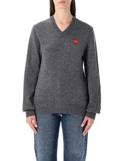 Comme Des Garçons Play V Neck Crystal Heart Red In Gray