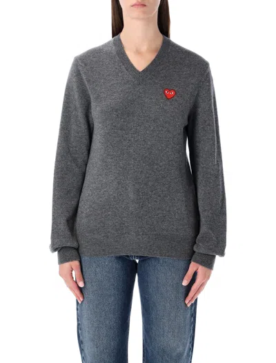 Comme Des Garçons Play Comme Des Garcons Play V-neck Pullover Red Emblem In Gray