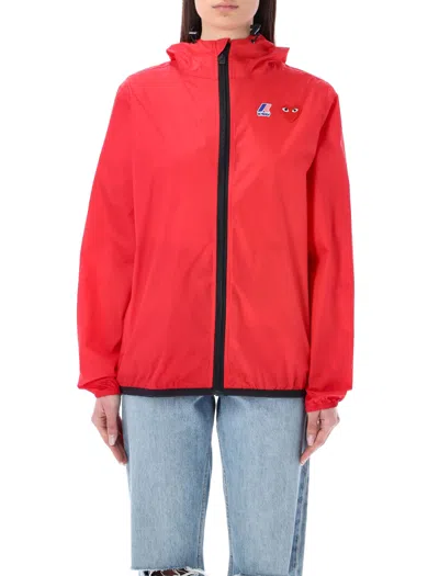 Comme Des Garçons Play Logo Full Zip Nylon Rain Jacket In Red