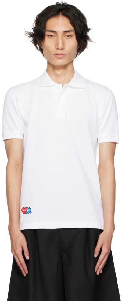 Comme Des Garçons Play X Invader Pixel-heart Embroidered Polo Shirt In White