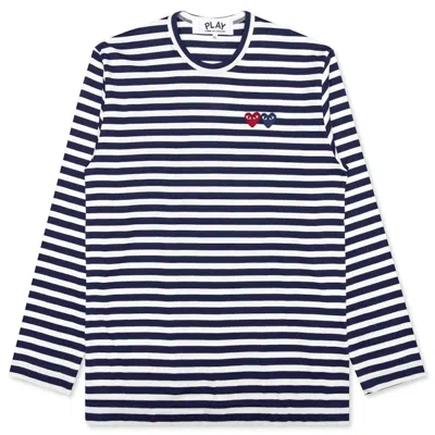 Pre-owned Comme Des Garçons Play Women's Double Heart Striped Long Sleeve T-shirt In Navy Blue/white