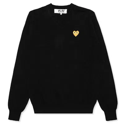 Pre-owned Comme Des Garçons Play Women's Gold Heart V Neck Sweater In Black