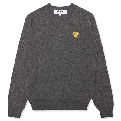 Pre-owned Comme Des Garçons Play Women's Gold Heart V Neck Sweater In Grey