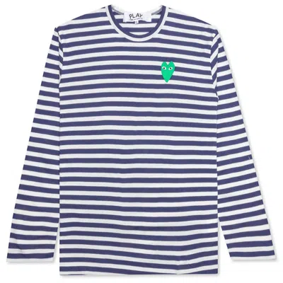 Pre-owned Comme Des Garçons Play Women's Green Emblem Striped Long Sleeve T-shirt In Navy Blue/white