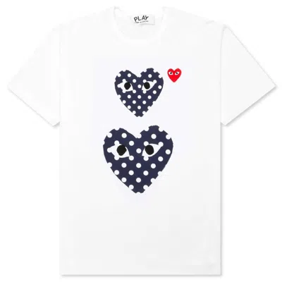 Pre-owned Comme Des Garçons Play Women's Navy Polka Dot Duo T-shirt In White