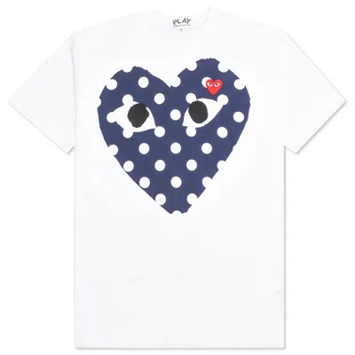 Pre-owned Comme Des Garçons Play Women's Navy Polka Dot Full Heart T-shirt In White
