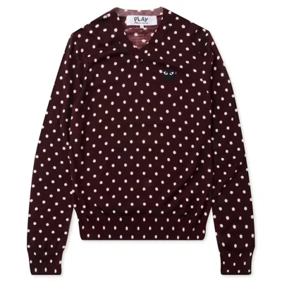 Pre-owned Comme Des Garçons Play Women's Polka Dot V Neck Sweater In Burgundy