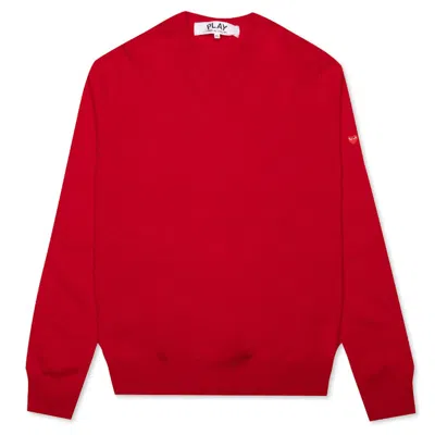 Pre-owned Comme Des Garçons Play Women's Small Heart On Sleeve V Neck Sweater In Red