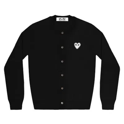 Pre-owned Comme Des Garçons Play Women's White Heart Knit Cardigan Sweater In Black