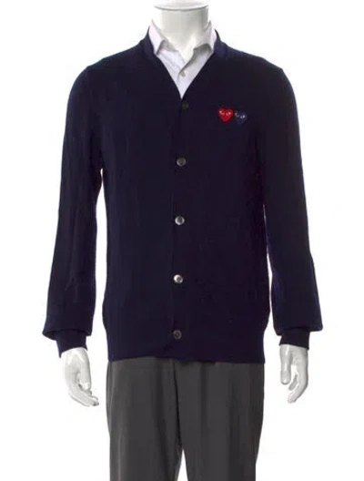 Pre-owned Comme Des Garçons Play Wool Graphic Print Cardigan In Blue