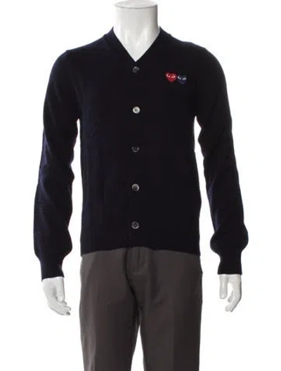 Pre-owned Comme Des Garçons Play Wool Graphic Print Cardigan W/ Tags In Blue