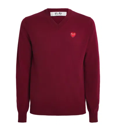 Comme Des Garçons Play Wool Rhinestone Heart V-neck Sweater In Burgundy