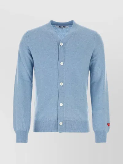 Comme Des Garçons Play Wool V-neck Cardigan With Ribbed Cuffs And Hem In Blue
