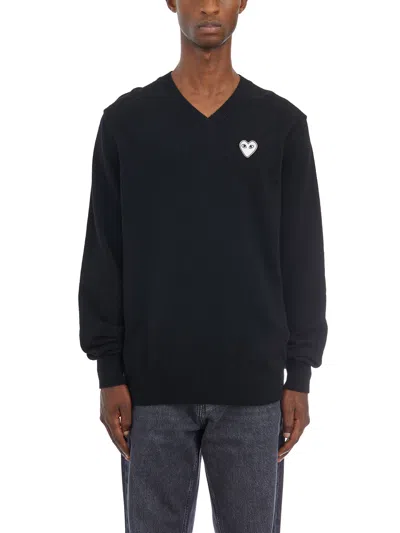 Comme Des Garçons Play Wool V Neck Sweater In Blue