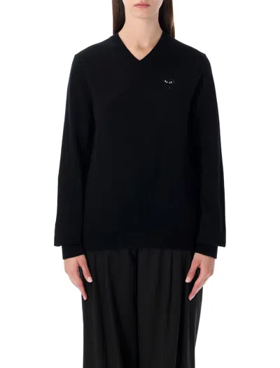 Comme Des Garçons Play Wool V-neck Sweater With Black Heart And Crystals