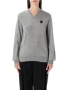 Comme Des Garçons Play Wool V-neck Sweater With Black Heart And Crystals In Gray
