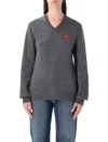 Comme Des Garçons Play Wool V-neck Sweater With Red Heart And Crystals In Gray