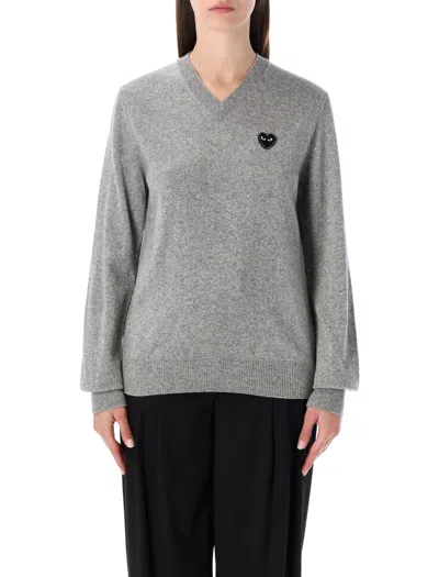 Comme Des Garçons Play Wool V-neck Sweater With Heart And Crystals In Grey