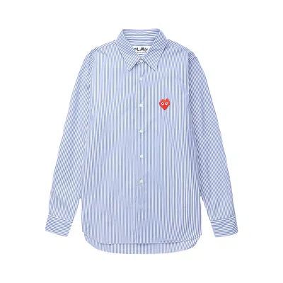 Pre-owned Comme Des Garçons Play X Invader Heart Stripe Shirt 'blue/white Stripe'