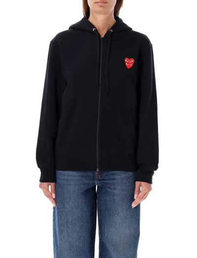 Comme Des Garçons Play Zipped Hoodie With Double Heart Patch In Black