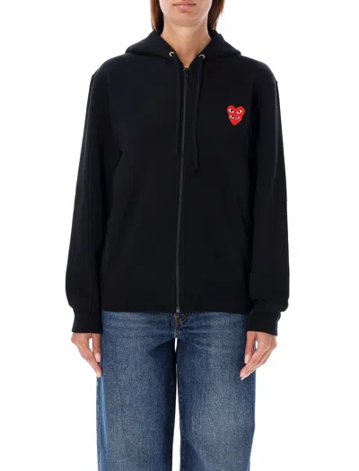 Comme Des Garçons Play Zipped Hoodie With Double Heart Patch In Black