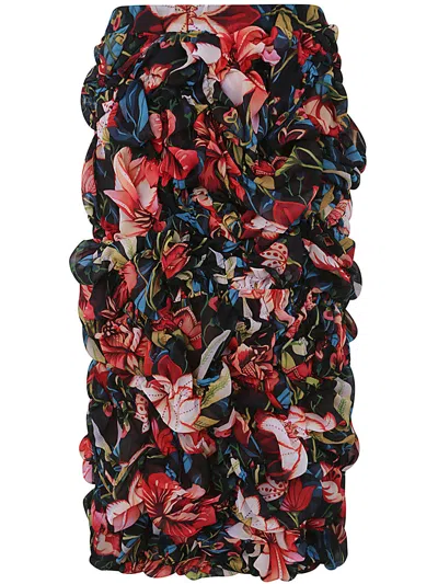Comme Des Garçons Floral-print Ruched Midi Skirt In Multi