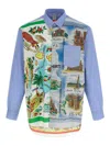 Comme Des Garçons Asymmetric Hem Shirt With Vibrant Landmark Prints In Blue