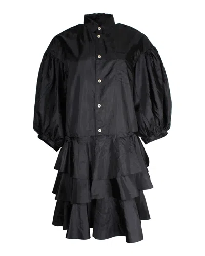Comme Des Garçons Comme Des Garcons Puff-sleeve Tiered Taffeta Dress In Black Polyester