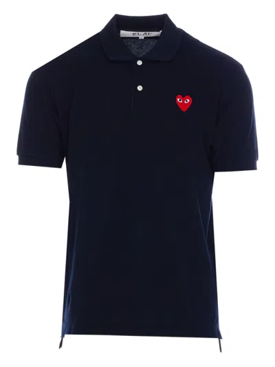Comme Des Garçons Comme Des Garcons Red Heart-embroidered Cotton Polo In Navy