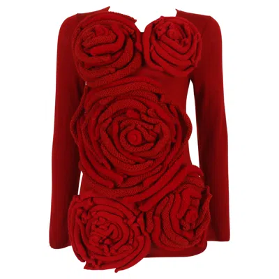 Pre-owned Comme Des Garçons Comme Des Garcons Red Knitted Sweater With Rose Appliqués, C. 2014