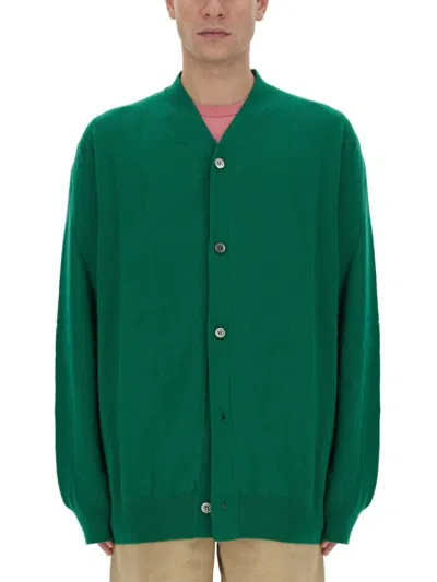 Comme Des Garçons Relaxed Fit Deep V-neck Wool Cardigan In Green