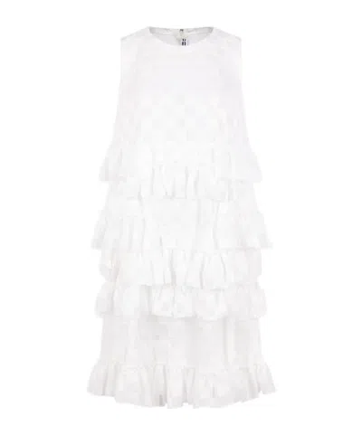 Comme Des Garçons Check-pattern Ruffled Mini Dress In White