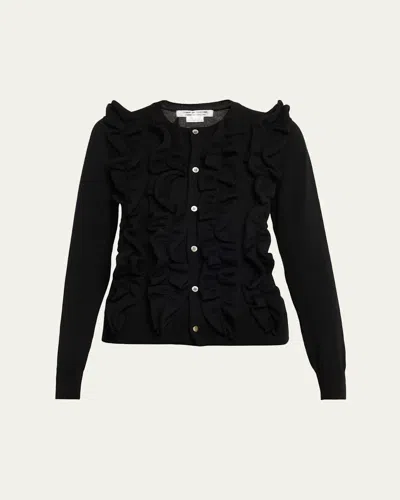 Comme Des Garçons Ruffle Wool Crewneck Cardigan In Black
