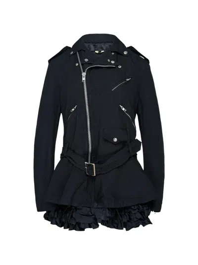 Comme Des Garçons Ruffled Belted Biker Jacket In Blue