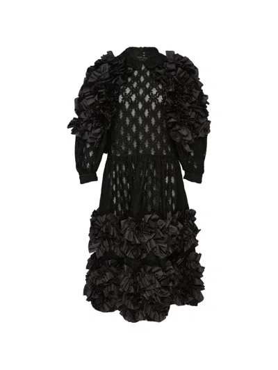 Comme Des Garçons Ruffled Lace-panel Midi Dress In Black