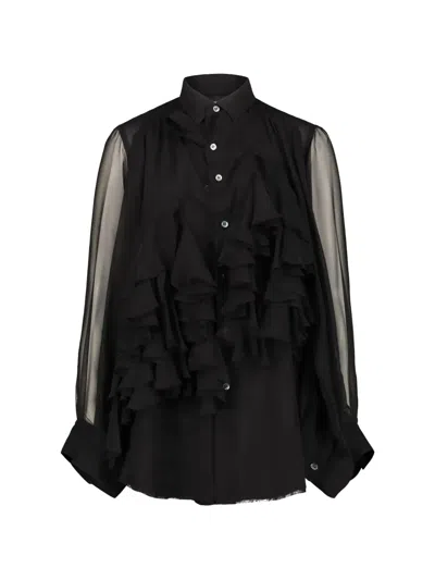 Comme Des Garçons Ruffled Sheer-panel Shirt In Black