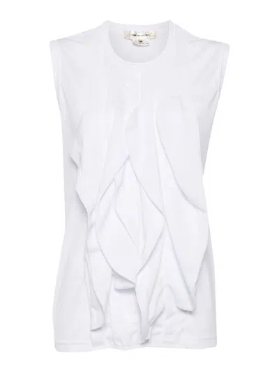 Comme Des Garçons Round Neck Sleeveless Top With Ruffled Detailing In White