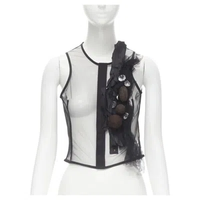 Pre-owned Comme Des Garçons Runway Comme Des Garcons 2004 Black Sheer Mesh Jewel Embellishment Ruffle Vest S