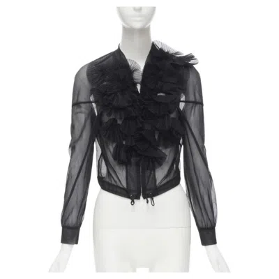 Pre-owned Comme Des Garçons Runway Comme Des Garcons Vintage 1990 Black Sheer Pleated Ruffle Bomber Jacket S
