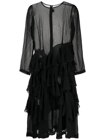 Comme Des Garçons Semi-sheer Tiered Midi Dress In Schwarz