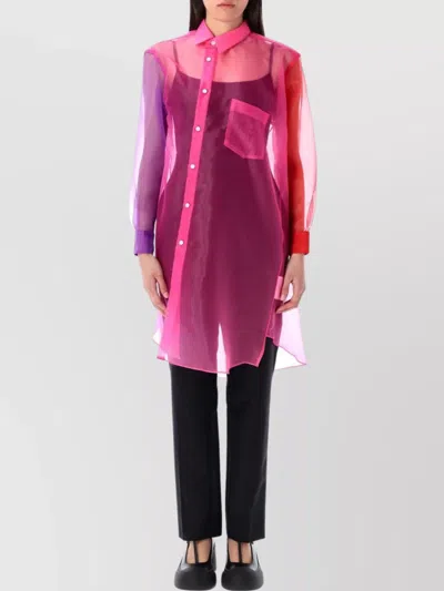Comme Des Garçons Sheer Fabric Longline Shirt With Chest Pocket In Pink