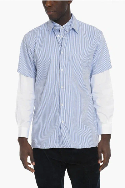 Comme Des Garçons Shirt Awnin Striped Double Shirt With Breast Pocket In Blue