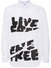 Comme Des Garçons Shirt Mens Shirt Woven White And Blue Striped Patchwork Shirt With Live Free Print In Weiss