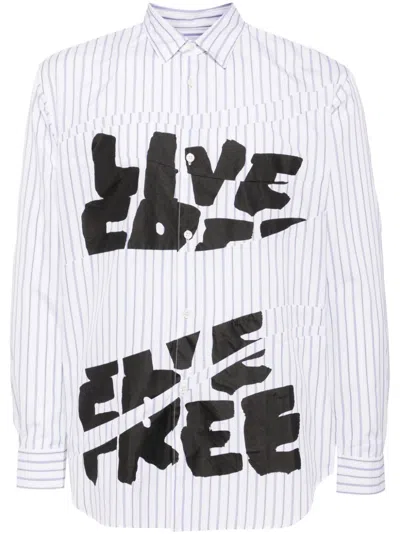 Comme Des Garçons Shirt Mens Shirt Woven White And Blue Striped Patchwork Shirt With Live Free Print In Multi
