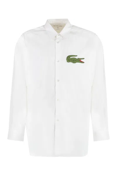 Comme Des Garçons Shirt Men's White Cotton Shirt With Classic Collar, Logo Patch, And Rounded Hem