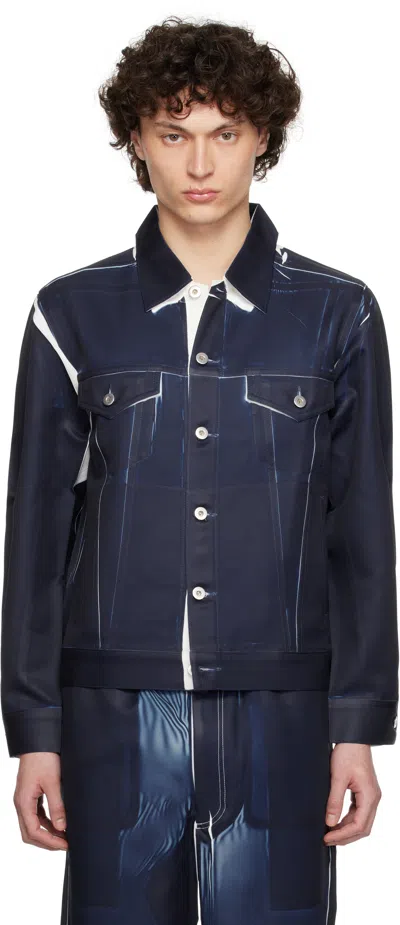 Comme Des Garçons Shirt Navy Overprint Trucker Jacket In Blue