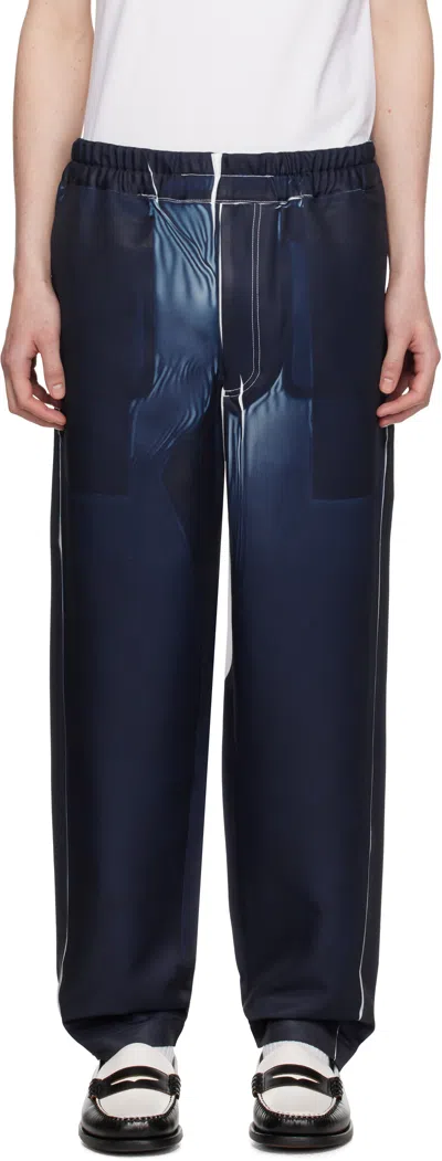 Comme Des Garçons Shirt Navy Polyester Twill Garment Printed Trousers In Blue